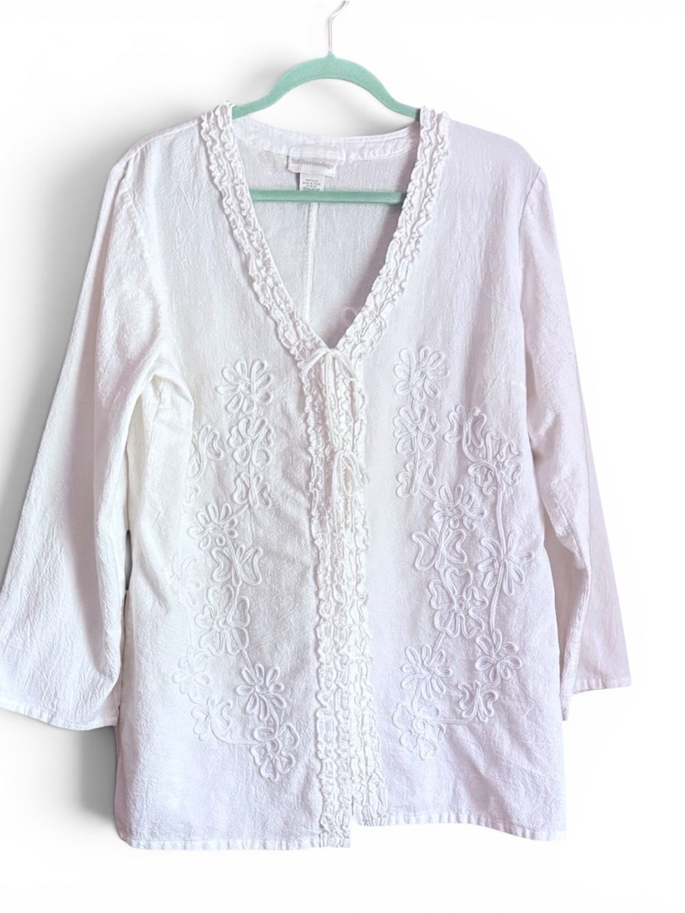 Soft Surroundings Off White Embroidered V-Neck Tunic Size Large